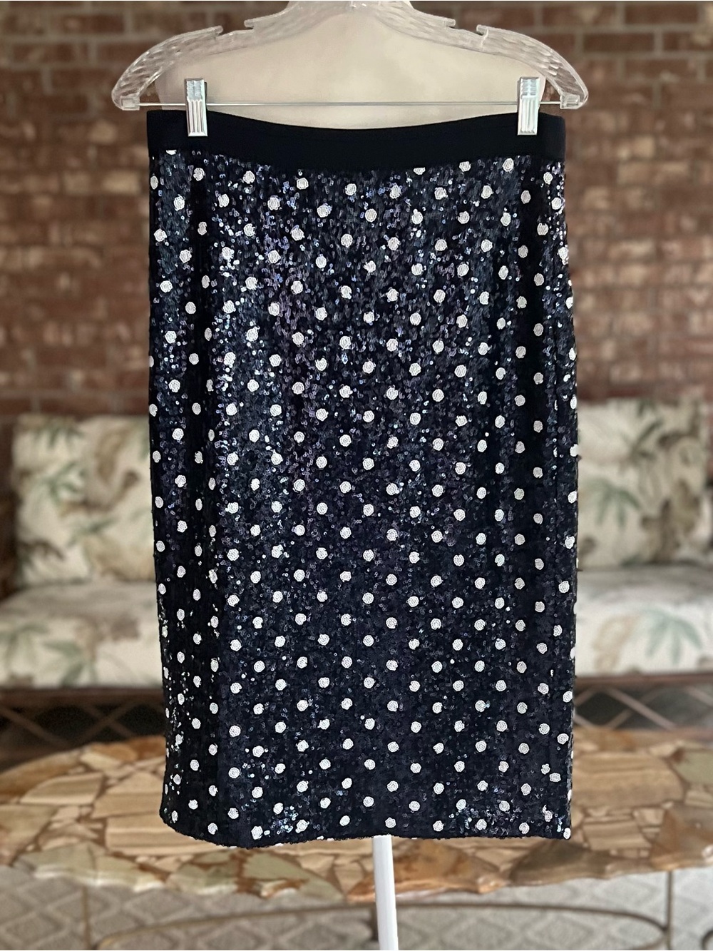 Talbots Martini Dot Skirt Sequin Polka Dot Navy Blue White Pencil Midi 6P Party